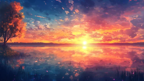 Sunlit horizon ignites a tranquil lake in vivid twilight hues