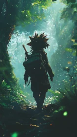 Backlit forest wanderer with sword and pack in volumetric light.