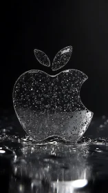 Transparent water droplet apple emblem stands on reflective surface