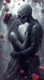 Skeletal Figure and Woman in Monochromatic Romantic Composition