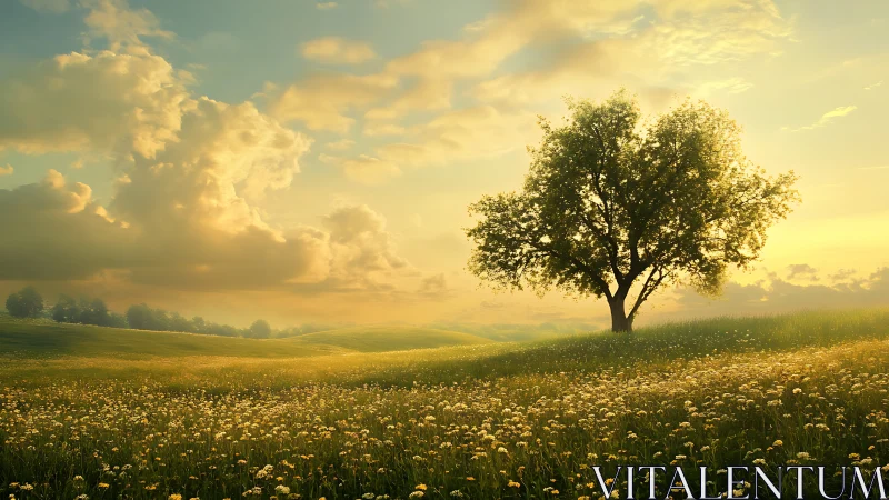 Lone tree on sunlit meadow under glowing evening clouds.