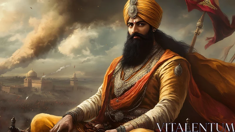 Majestic Sikh warrior king commands a smoky battlefield