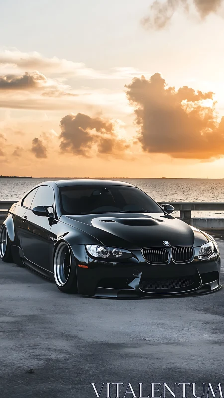 Lowered black BMW coupe dominates sunset coastal highway.