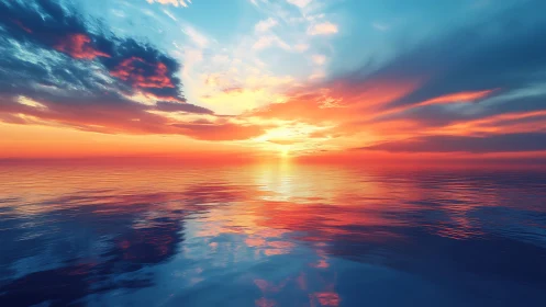 Radiant ocean horizon under saturated sunset sky glow.