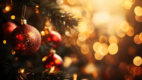 Red glitter bauble on Christmas tree with golden bokeh glow.