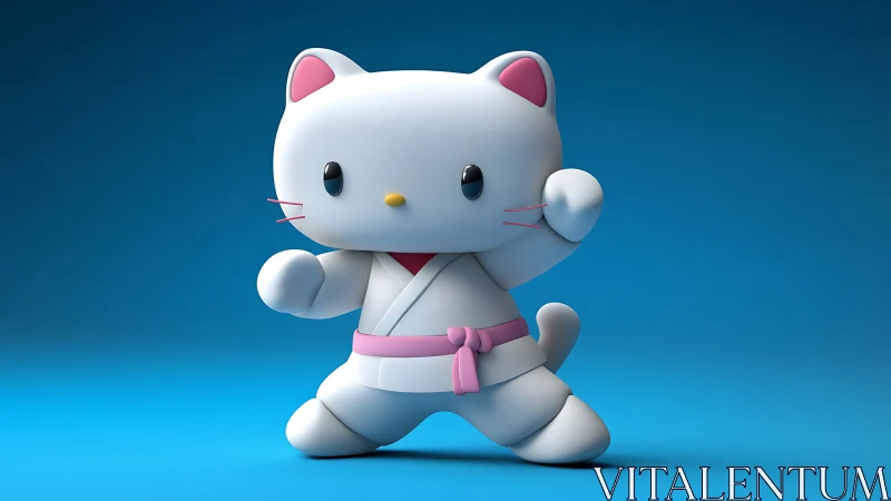 White cartoon cat in karate pose on blue gradient background.
