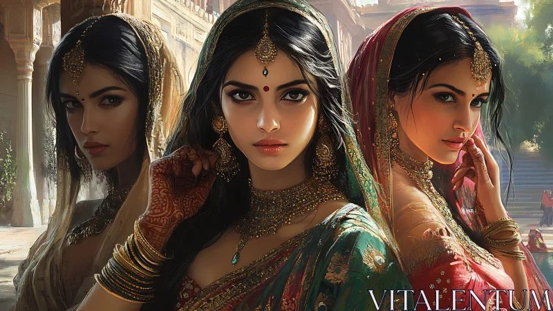 Elegant Indian Women in Traditional Attire, Vibrant Digital Art.