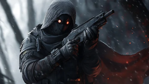 Hooded armored gunman with glowing eyes in winter scene.