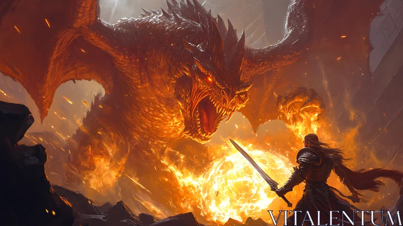 Armored warrior confronts raging fire dragon in molten cavern