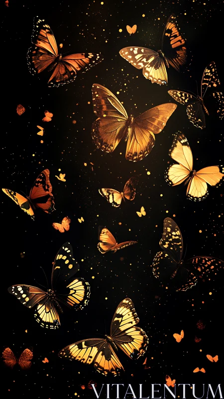 Golden butterflies drift through luminous starry darkness.
