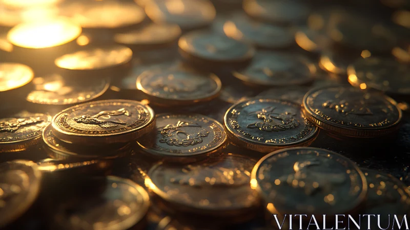 Golden coins under warm backlight emphasize metallic relief