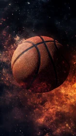 Burning basketball ignites dark cosmic arena in flames.