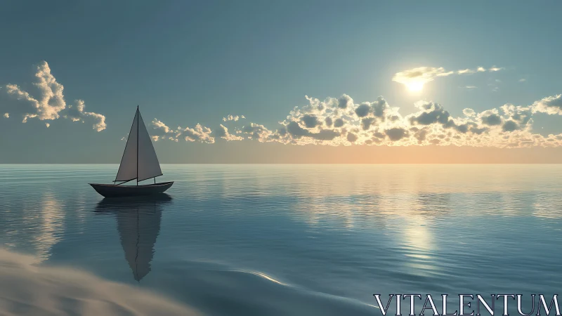 Solitary sailboat glides quietly beneath a painted sunrise sky