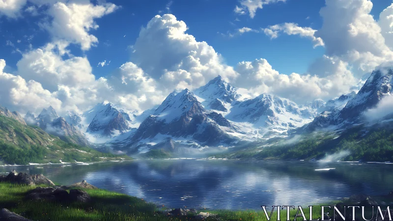 Peaceful alpine lake cradled by bright snow kissed peaks.