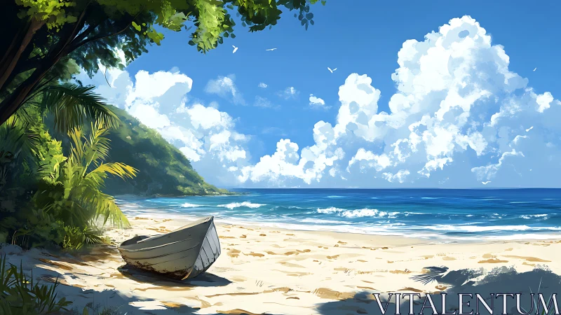 Secluded Beach Paradise with Beached Boat.