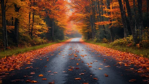 Rain-damp rural road recedes through dense autumn foliage corridor