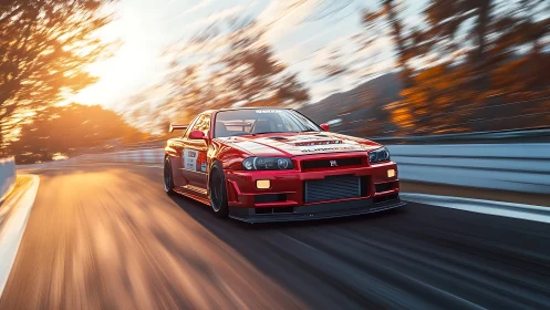 Red Nissan Skyline race car attacks glowing autumn circuit.