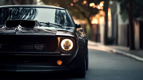 Classic black muscle car is parked on a quiet urban street