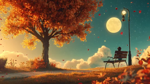 Moonlit park bench patiently listens to autumn dreams
