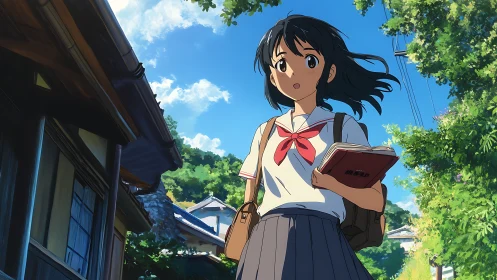 Schoolgirl walks through sunlit village street with quiet wonder
