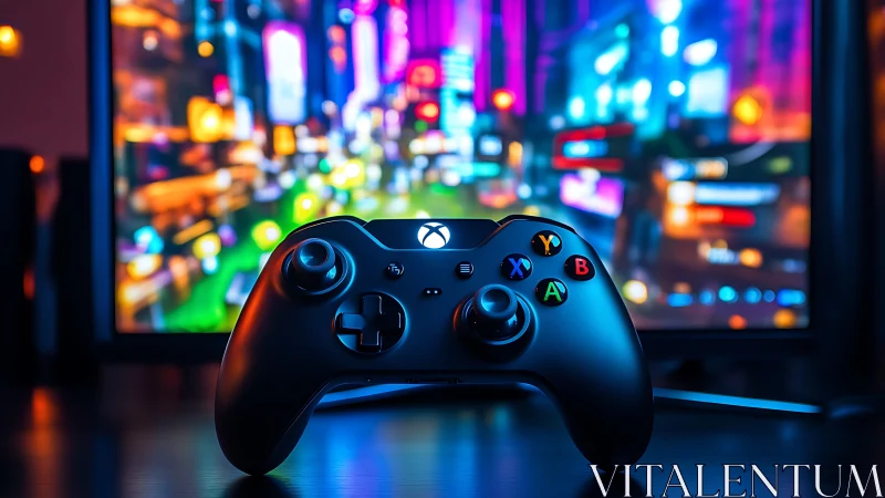 Xbox controller on desk before neon gaming display screen.