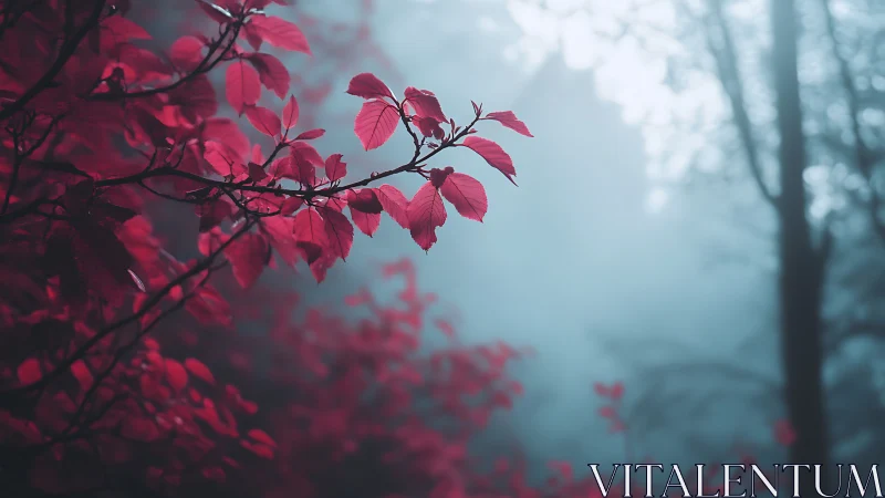 Vibrant Red Leaves in a Misty Forest, Dreamy Nature Photography.