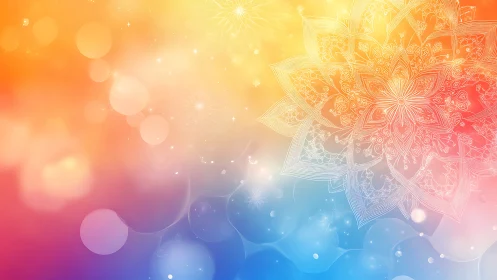 Radiant mandala glows over dreamy rainbow bokeh sky