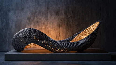 Woven Black Wing Sculpture with Backlit Gold Interior.