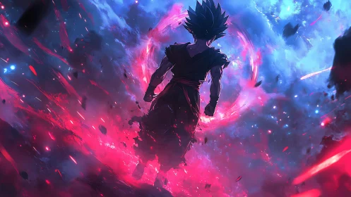 Silhouetted fighter stands within radial energy vortex