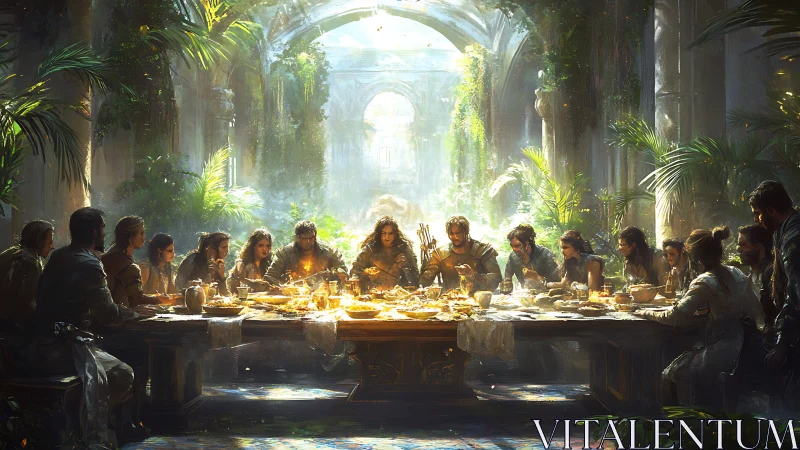 Last supper in lush ruined hall with radiant fantasy light.