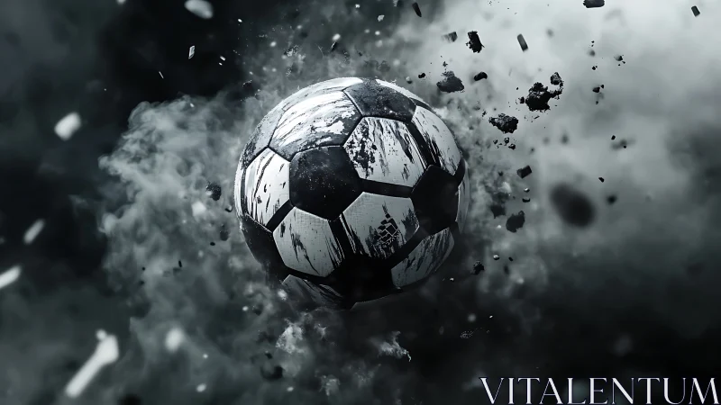 Storm-charged soccer ball bursting through smoky twilight.