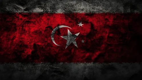 Grunge-rendered crescent and stars emblem on distressed flag field.