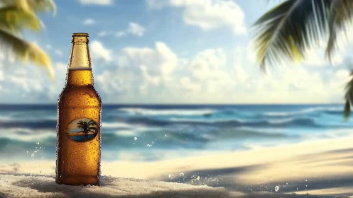 Golden Beer Bottle on Tropical Beach Shore.