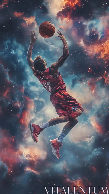 Cosmic court leap where streetball drifts through starlight.