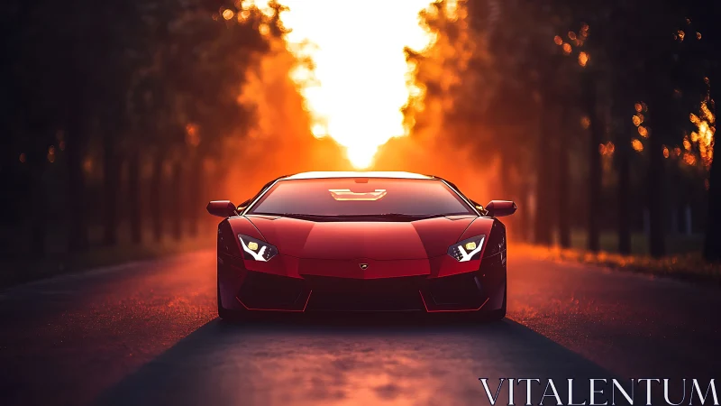 Red sports car on tree lined road at low sun backlight.