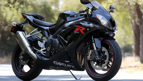 Black sport motorcycle parked on sunlit forest road.