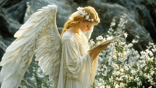 Serene blonde angel in white gown reading among flowers.