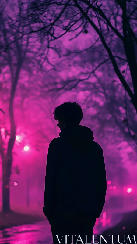 Silhouette of lone figure in neon purple foggy park at night.