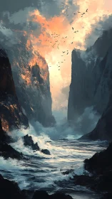 Stormy sea canyon under dramatic fiery sky at dusk.