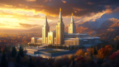 Sunlit mountain temple complex under dramatic autumn skies.