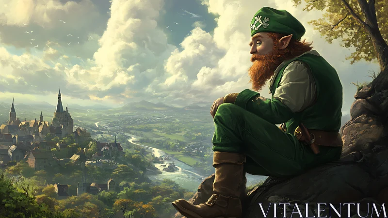Leprechaun overlooking sunlit valley town from rocky cliff.