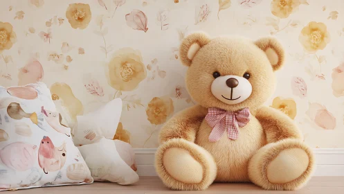 Cuddly teddy bear brightens a cozy nursery corner with charm