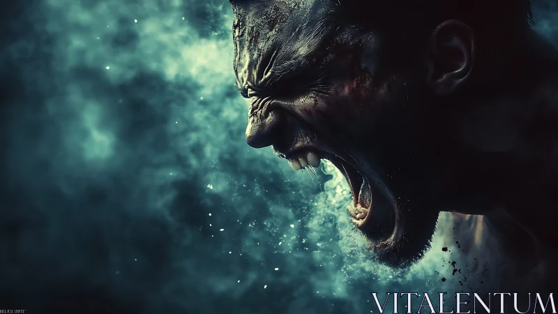 Wounded man screams into swirling blue smoke cloud