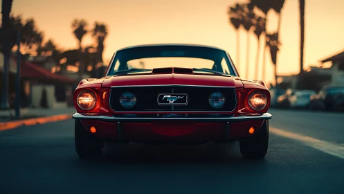Sunset frontal portrait of classic red Mustang muscle car