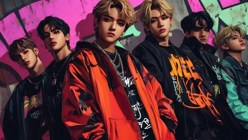Streetwear boy band pose under neon graffiti wall.