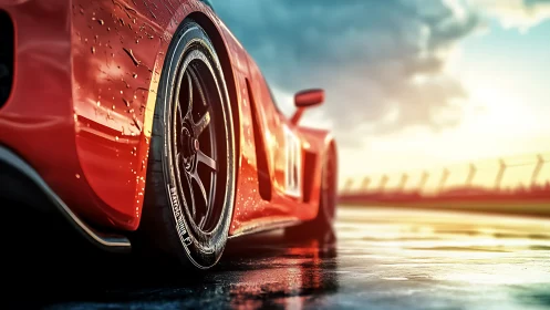 Red sports car close-up on wet racetrack at sunset.