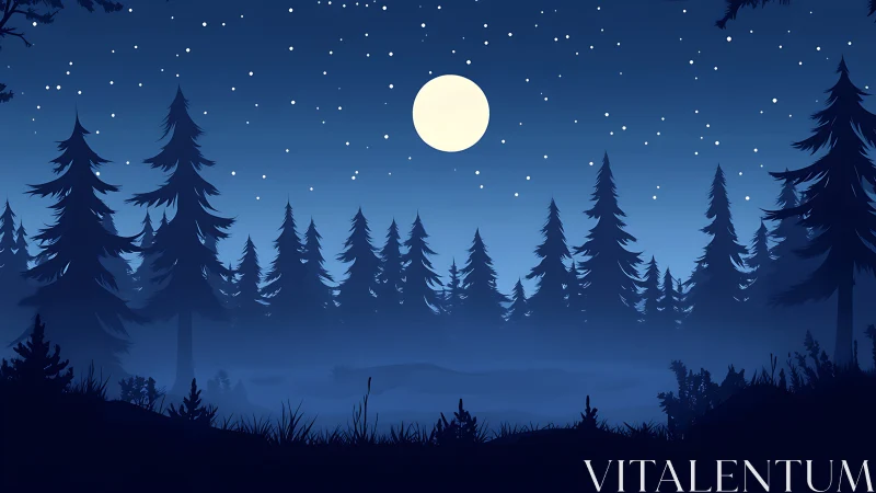 Moonlit Forest Silhouette Under Starry Night Sky.