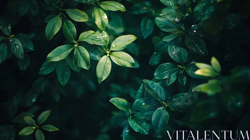 Dense green foliage with wet leaves in soft natural light.