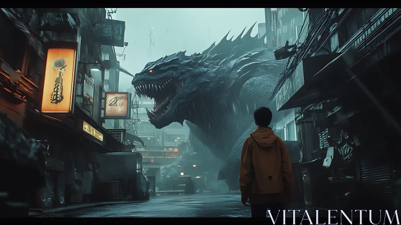 Human figure observing large reptilian creature in alley.