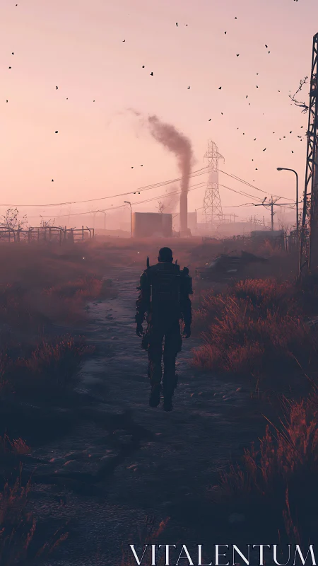 Solitary armored figure crossing toxic industrial wasteland.